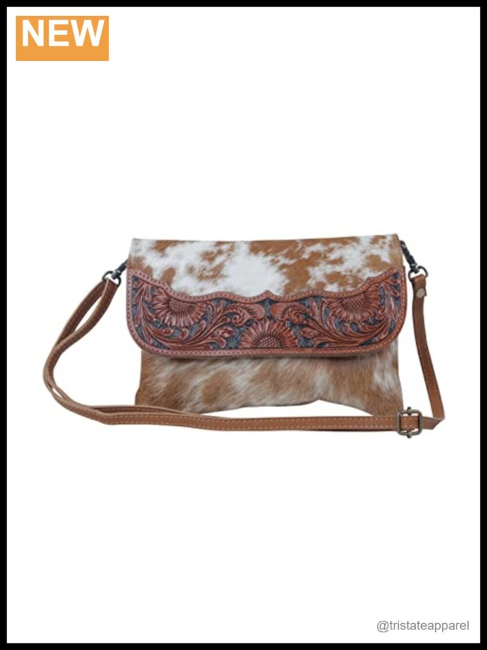 Hand-Tooled Leather Shoulder Bag with Embossed Flap and Adjustable Strap